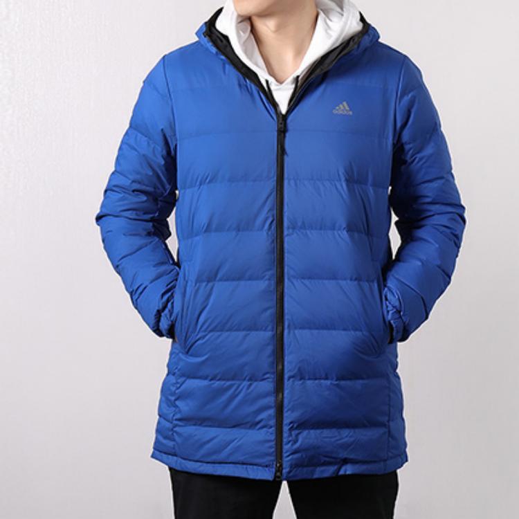 Adidas Reversible Mid-Length Hooded Color Block Striped Logo Down Jacket Men Outerwear Blue Black DM1968