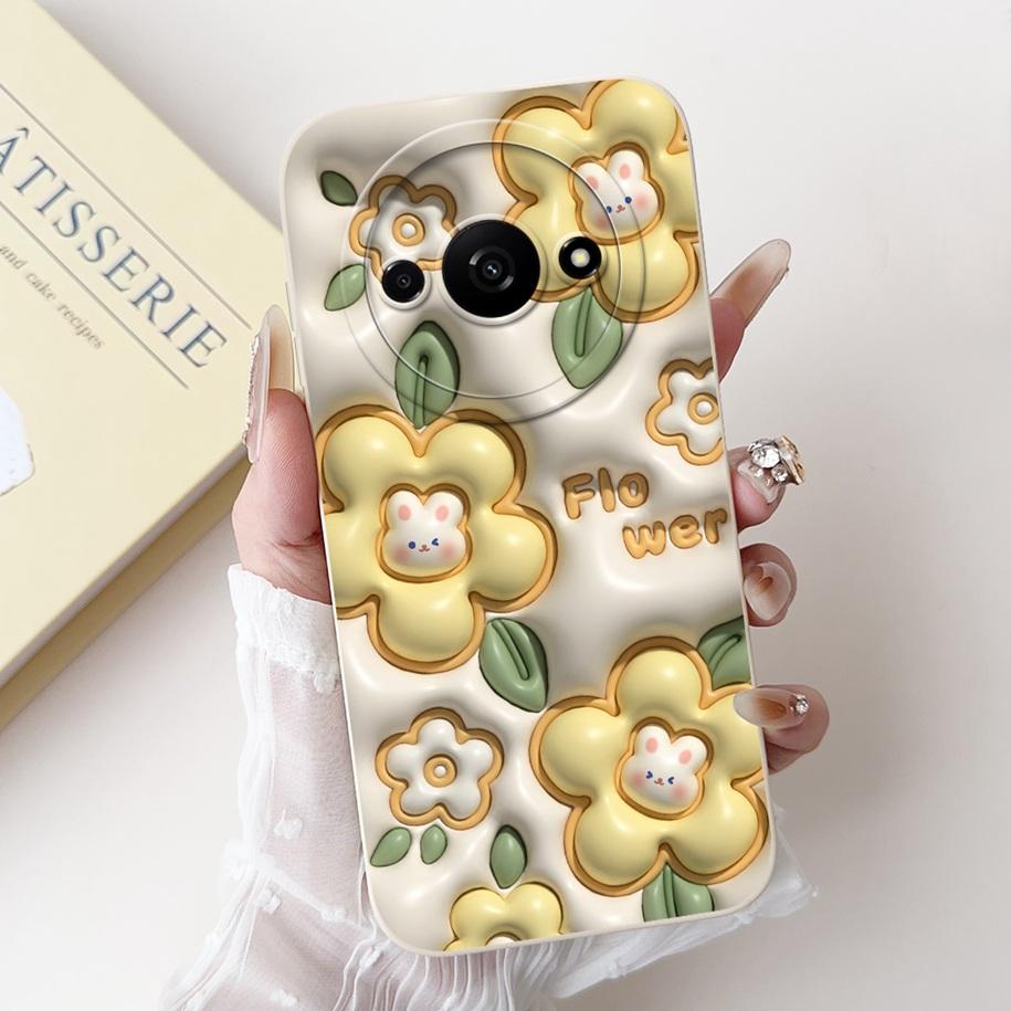 Für Xiaomi Redmi A3 Hülle 2024 Neue Mode Blume Quadratisch Silikon Kameraobjektiv Schutzabdeckung Für Xiaomi Poco C61 RedmiA3 Stoßstange