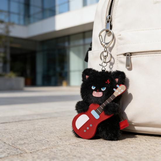 Electric Guitar Cat Keychain Plush Rock Star Cat Plush Pendant Soft Stuffed Cat Keyring Cute Bag Charm for Teens & Cat Lovers