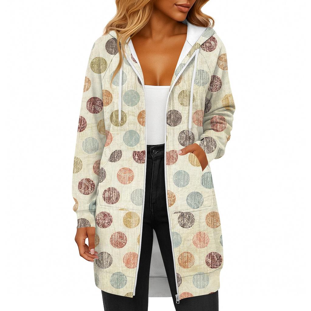 Women's Fashionable Printed  Long Sleeved Drawstring Hooded Zipper Pocket Long Casual Sweatshirt Jacket
