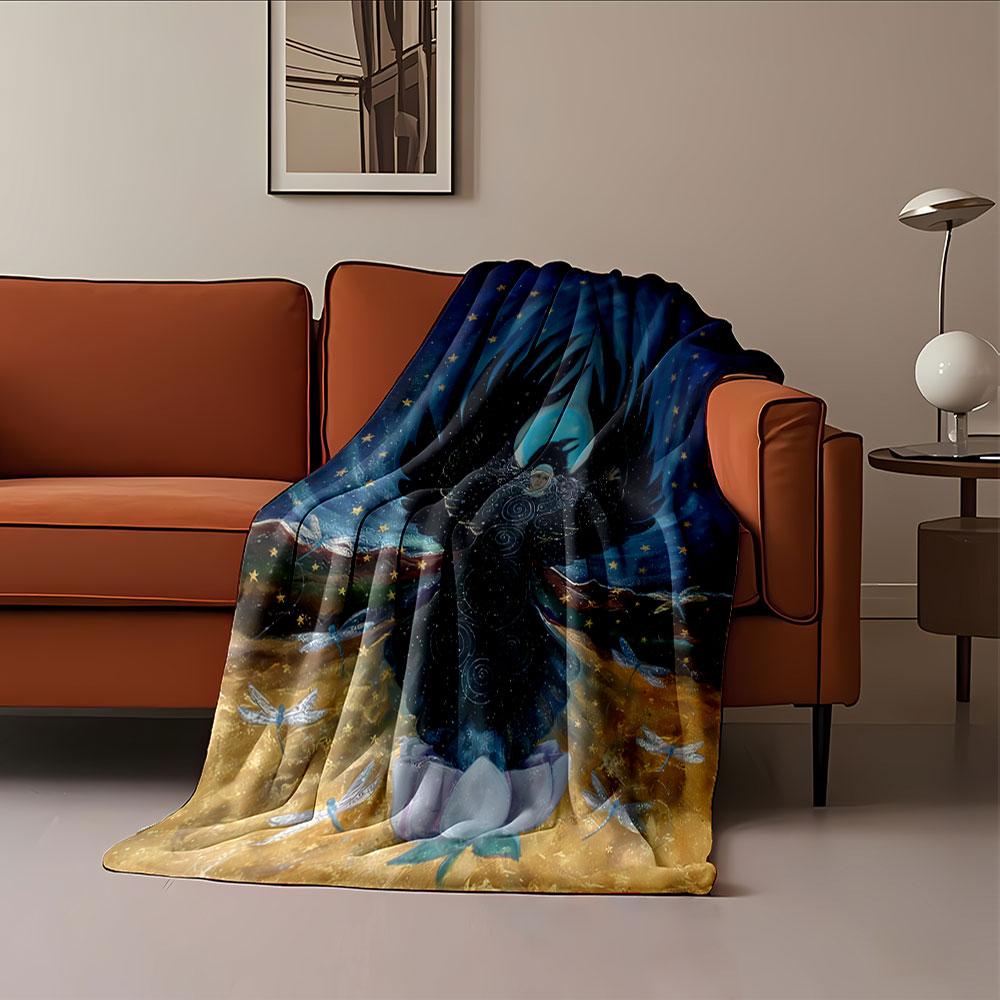 A Mystical Figure with Black Wings, Spiral Patterns, and a Starry Backdrop. for All Seasons Blanket Lunch Break Throw Gift