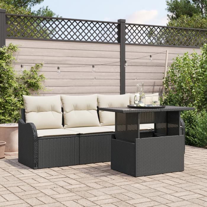 Canapé de jardin 5 pièces avec coussins noir poly rotin, Canapé de jardin 2 places avec rangement et coussins noir poly 3357100