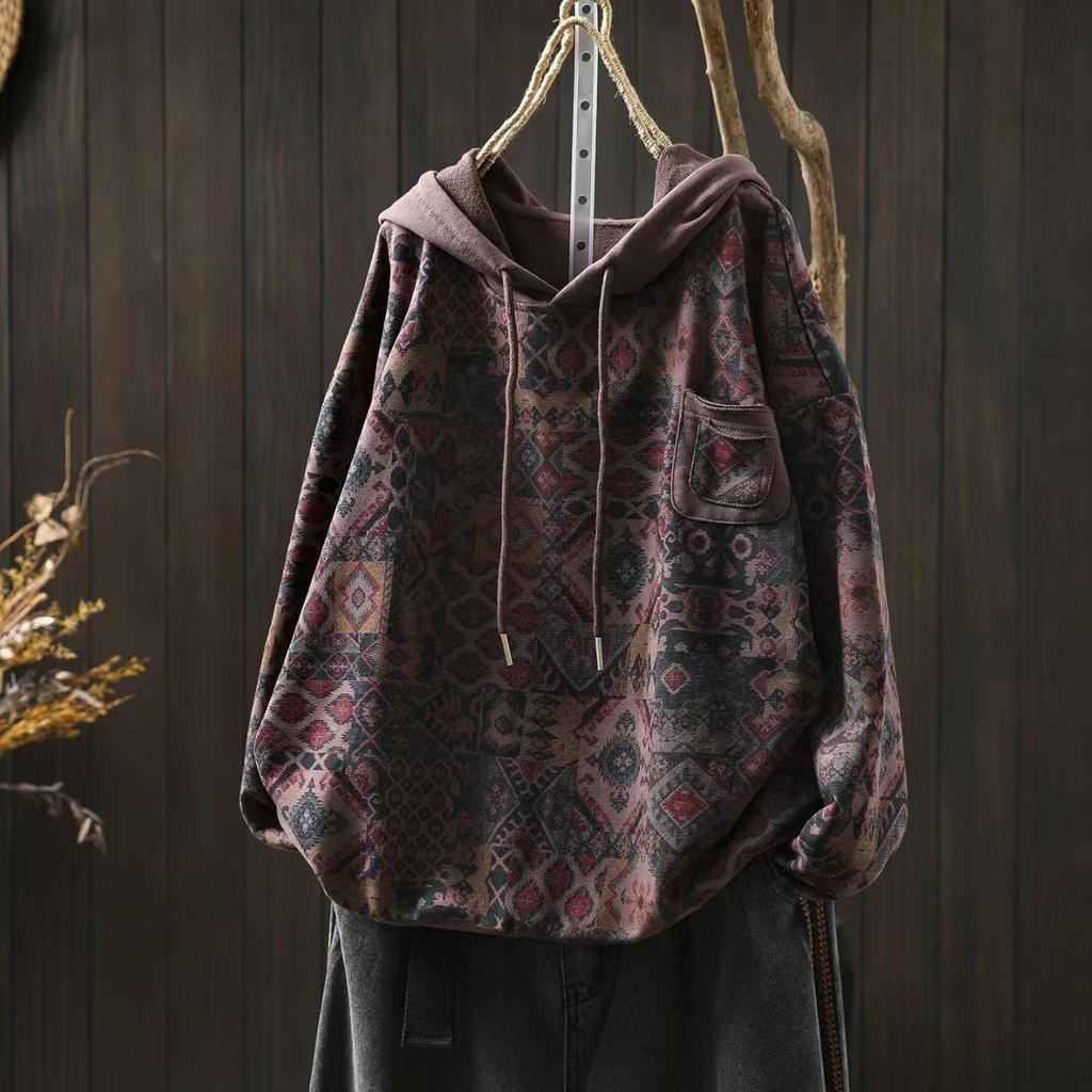 Johnature Women Vintage Hooded Pullover Sweaters Print Floral Patchwork Pockets Autumn Knitted Casual Female Sweaters