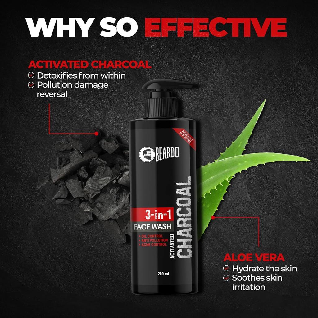Beardo Activated Charcoal Face Wash For Men 200 Ml Oil Control Deep Clean Pore Care Daily Use Skin Refresh Cleanser