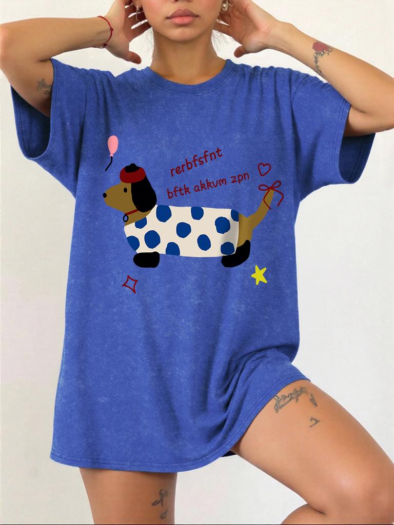 Dachshund Printing Washed TShirts Womens Cotton Short Sleeve Tops Hip Hop ONeck Oversized T Shirt Summer Comfortable Clothes