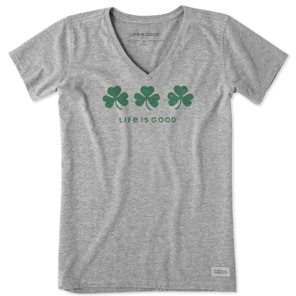 Life is Good. Women's Three Shamrocks Short Sleeve Crusher Vee, Heather Gray