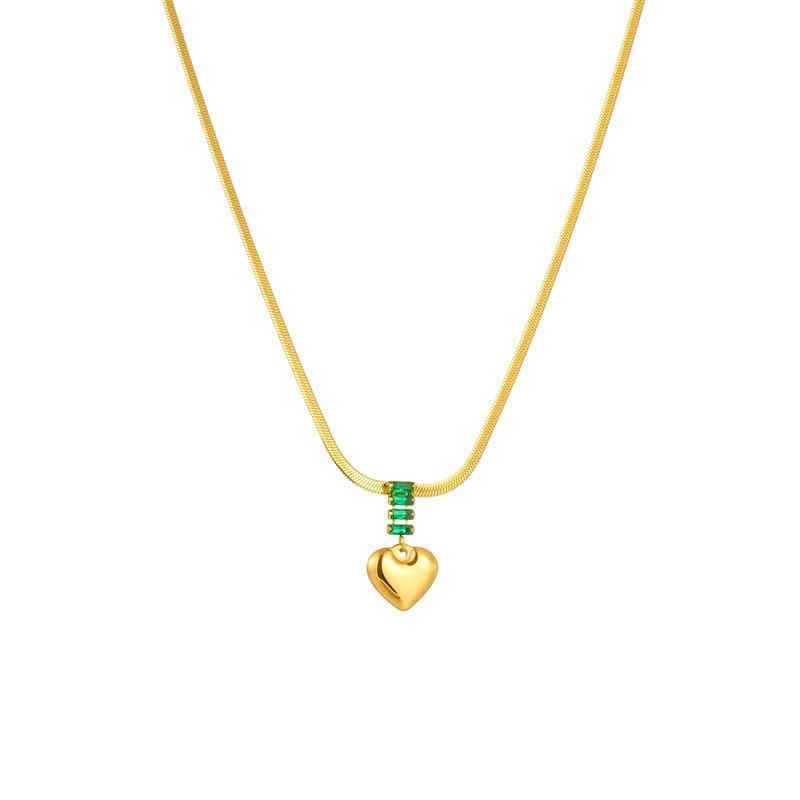 Gold Plated Herringbone Chain Green CZ Heart Pendant Necklace, Stainless Steel Emerald Choker, Waterproof Elegant Jewelry for Women Women Gift