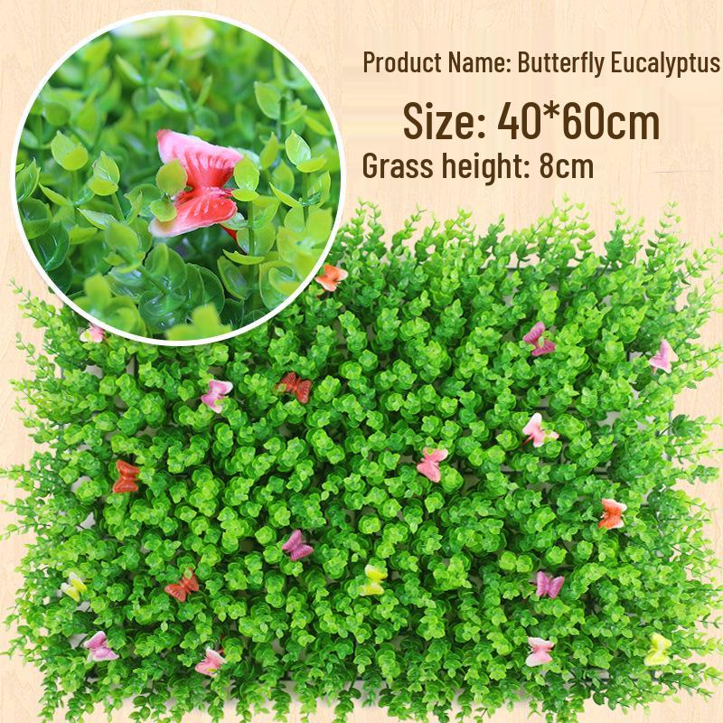 Eucalyptus Artificial Plant Wall Decoration - Greenery Background with Faux Flowers and Lawn Grass Turf