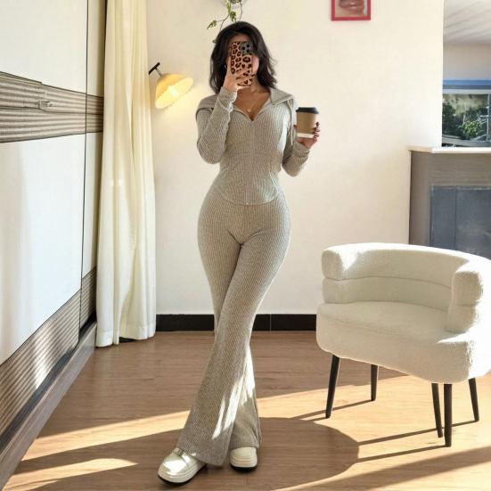 Damen 2-teilige Trainingsanzüge Reißverschluss Kapuzenpullover und Schlaghosen Gerippte Strick-Outfits Sexy Bodycon Workout-Trainingsanzüge