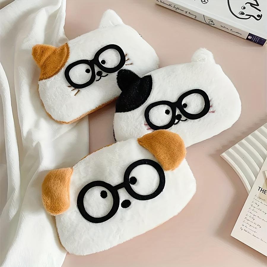 1pc Super Cute Cartoon Animal Pencil Case,ID Holder Pouch with Glasses Decoration,Plush Feel,3 Styles of Glasses-Wearing Kitten