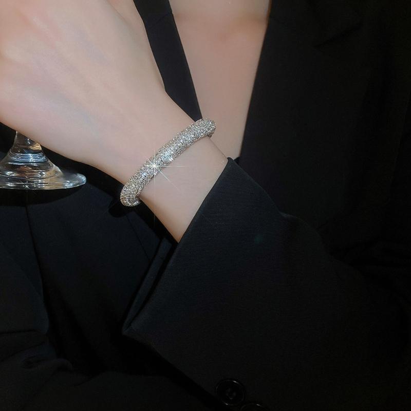 Sparkling Rhinestones Threaded Round Open Bangle Bracelet Adjustable Metal Wrist Jewelry Gift For Women Lady