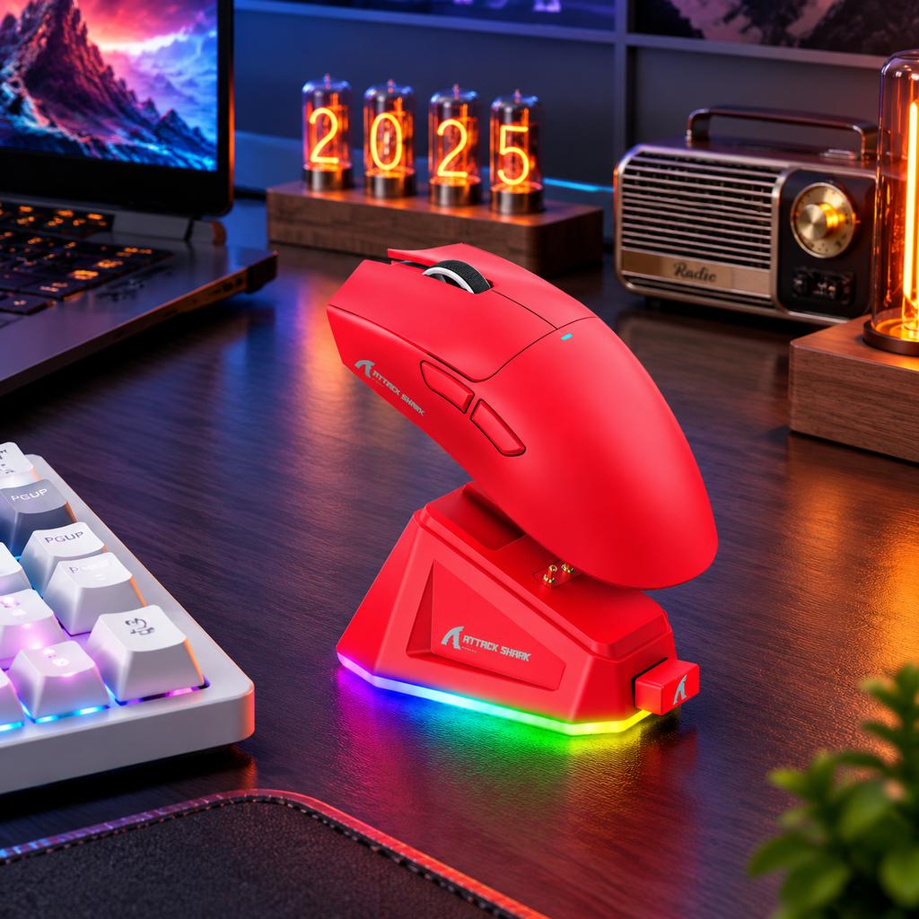 X11 Tri-Mode Wireless Mouse Red with RGB Magnetic Charging Dock, 22000DPI Lightweight