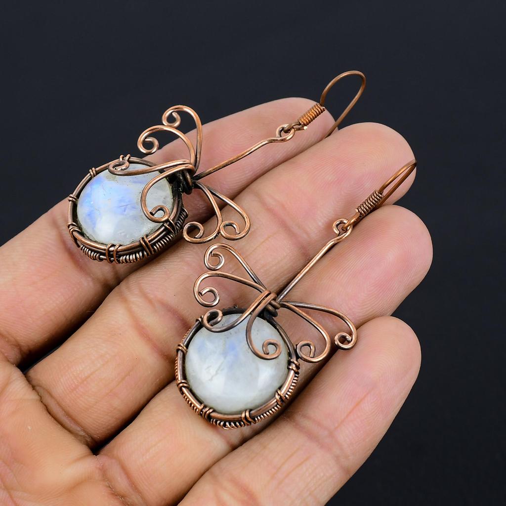 Moonstone Earrings, 999 Copper Wire Wrapped Jewelry, Gemstone Earrings, Gift For Her Handmade Dainty Jewelry
