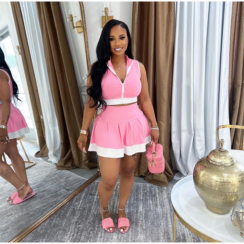 Fashion Casual Contrast Color Stitching Pleated Short Skirt Ladies Two-piece Summer Sports Stitching Ladies Suit High Street