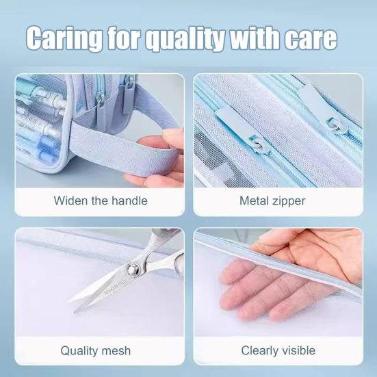 Transparent Mesh Pencil Case Large Capacity Double Layer Pen Bag for Students Lightweight Stationery Pouch for School Office Exams