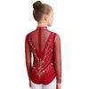 Dívčí trikot s rolákem a dlouhým rukávem, síťované díly, třpytivé kamínky, skrytý zip na zádech, gymnastický body