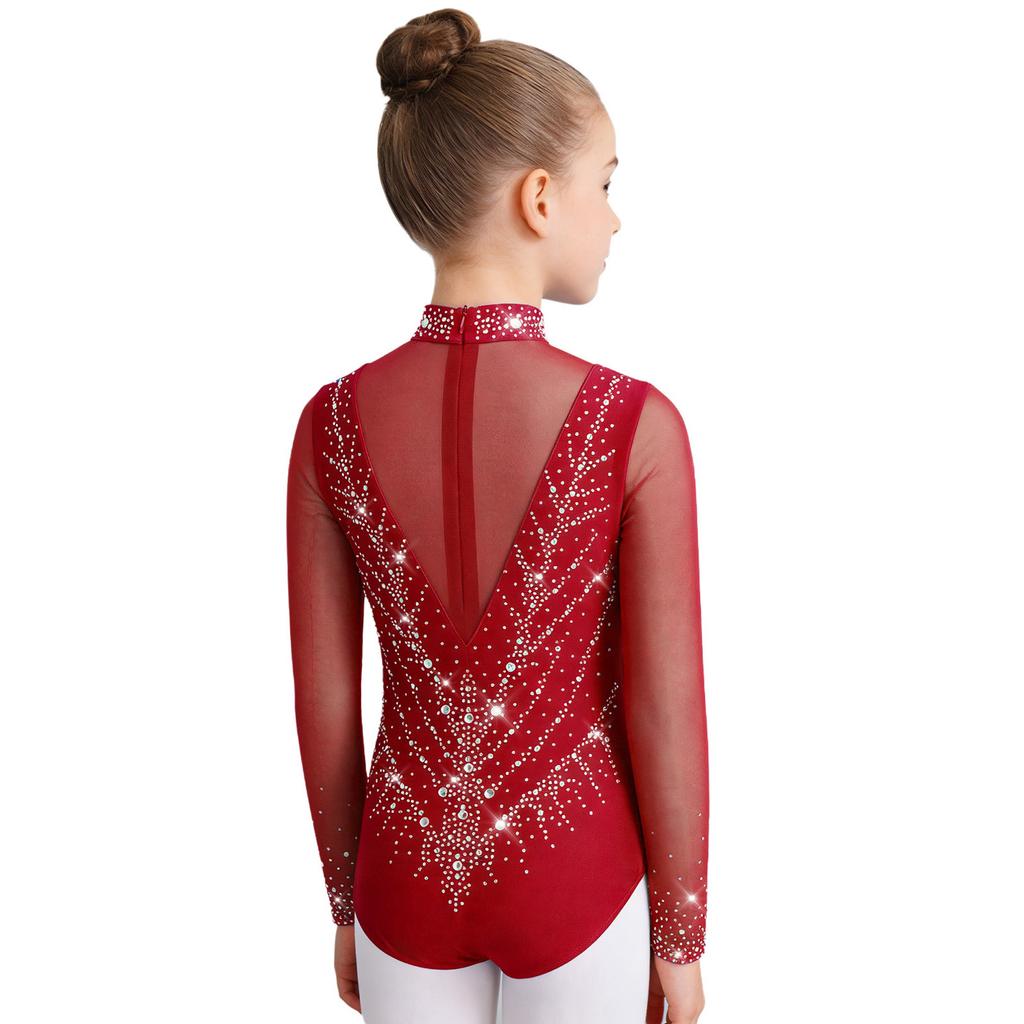 Dívčí trikot s rolákem a dlouhým rukávem, síťované díly, třpytivé kamínky, skrytý zip na zádech, gymnastický body