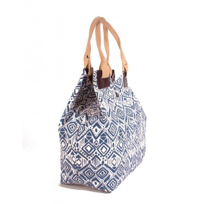 Sac Cabas - MS2O033P10 - Azteque Bleu - 100% Coton+PU - Fermeture Aimantée - Poche Zippée