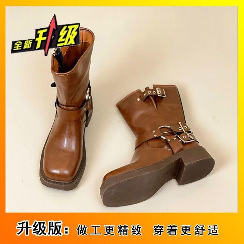 Thin Boots Retro Western Cowboy Boots Brown Thick Heel Medium Boots Martin Boots Women's 2025 Autumn and Winter New Models