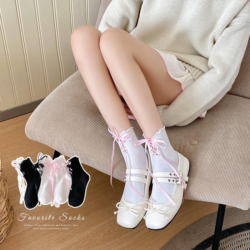 Girls' Spring and Autumn Ballet-style Lace Lace-tied Mid-calf Lolita Sweet Bow Girls' Short Socks