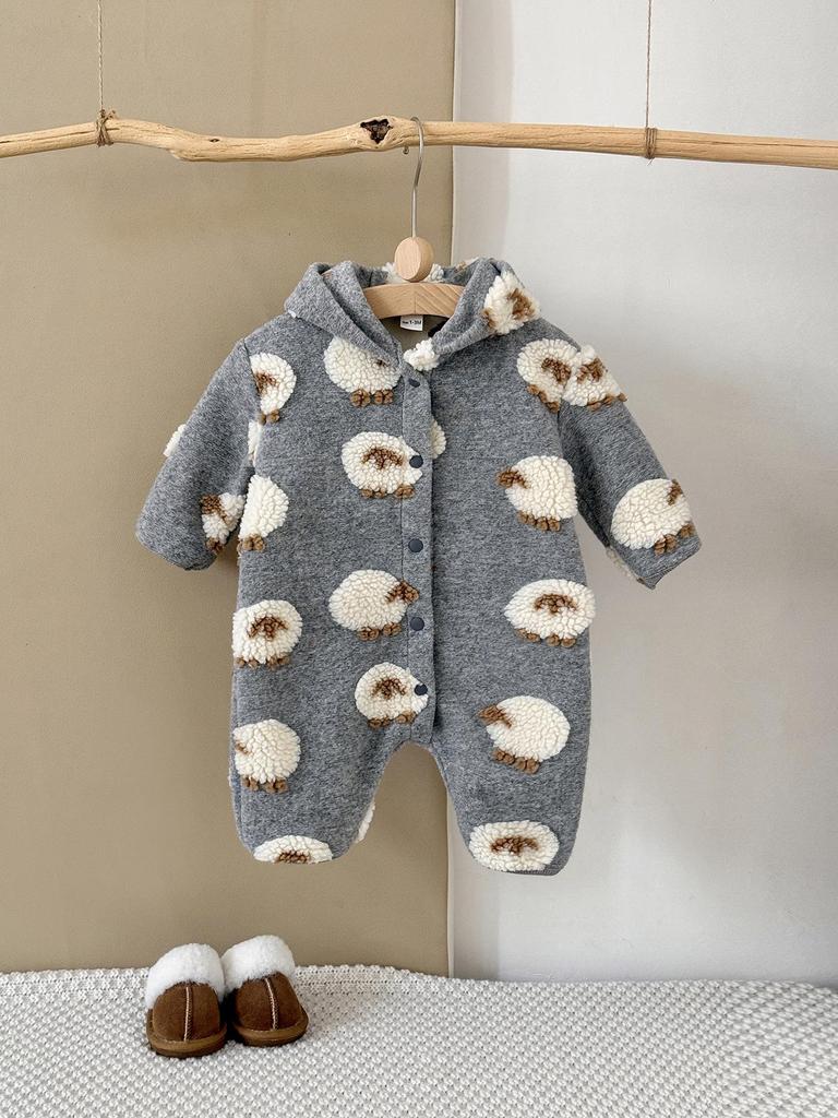 2025 New Winter Baby Cartoon Hooded Velvet Romper Jumpsuit