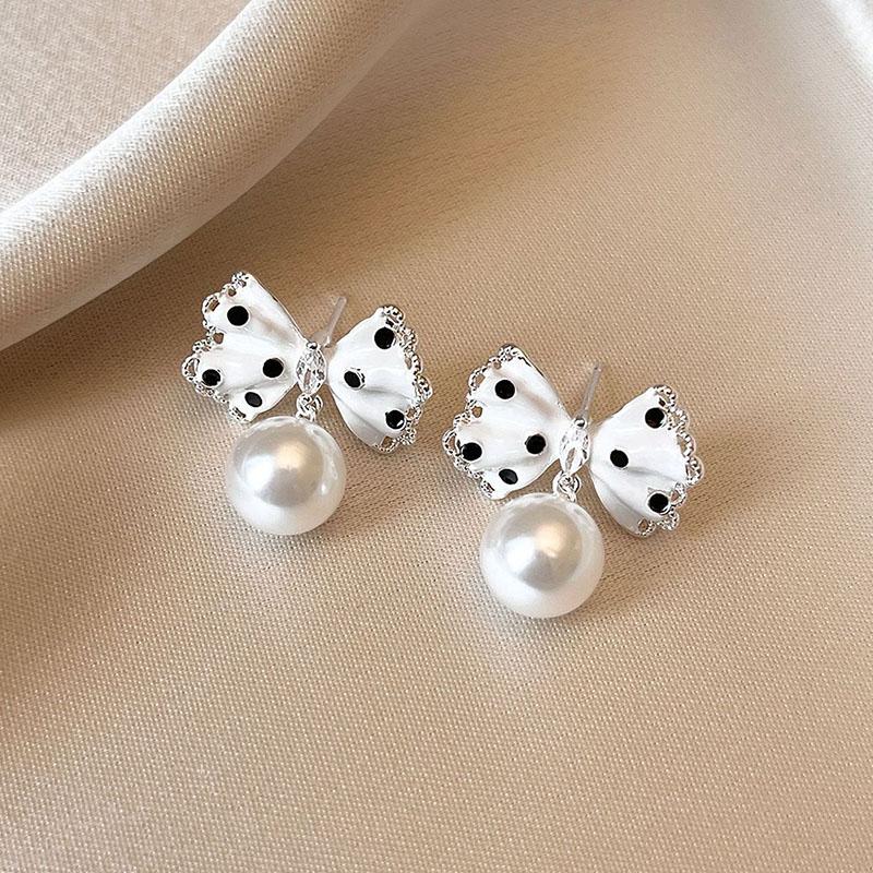 Cute Pearl Bowknot Drop Earrings For Women Trendy Dot Bow Dangle Earrings Minimalist Sweet Wedding Party Jewelry Pendientes Gifts