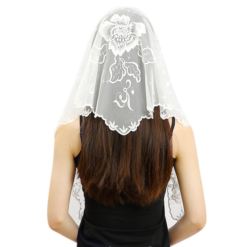 Fashion Church Shawl Lace Veil Polyester Scarf Bandana Church Prayer Wedding Mantilla Chapel White Embroidered Hijab Women Scarf