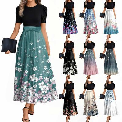 Women's Fashion Casual Belt Short Sleeve Round Neck Vintage Floral Splicing Elegant Temperament Dresses
