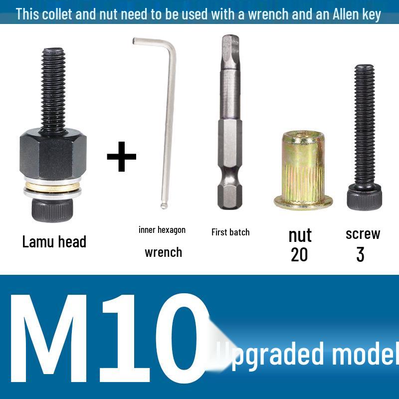 Multi-Purpose Electric Rivet Tool with Manual Wrench and Nut Head Attachment