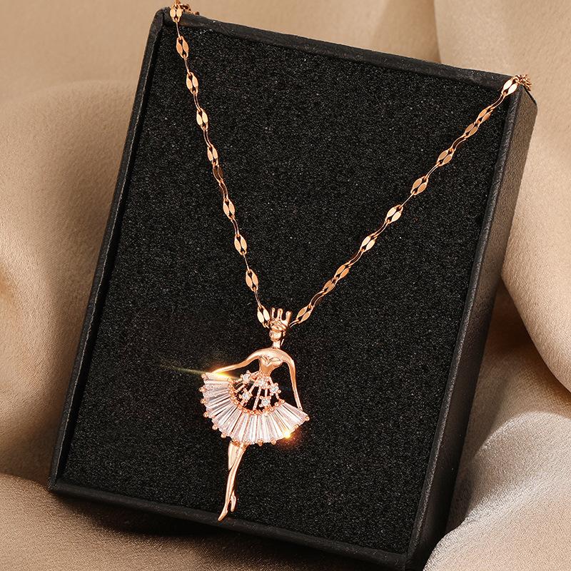 Collana Ballerina CERSLIMO Per Ragazze - Ciondolo Con Zirconi Bianchi E Gonna Rosa, 47+5 Cm, Gioiello Regalo