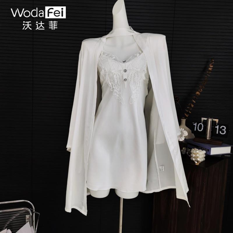 Sexy satin nightdress with chest pad women's spring and summer 1011 new ice silk thin suspender nightgown loungewear set