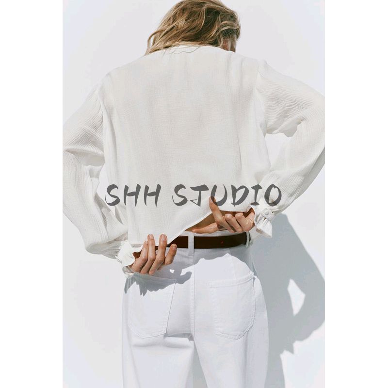 Spring New Women's Clothing Preppy Style Laminated Decoration Round Neck Long Sleeves Cut Out Embroider Short Shirt 8741022