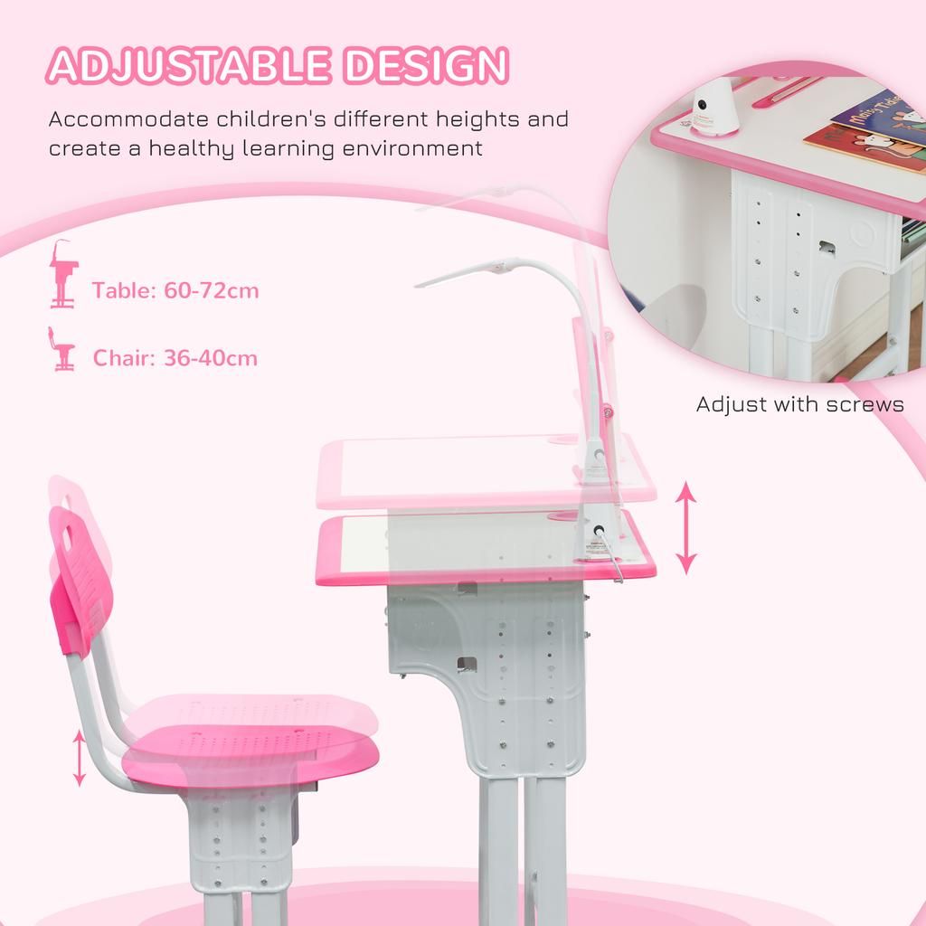 Kids Desk And Chair Set Adjustable Height Study Table Set With Drawer Book Stand Pen Slot Pink