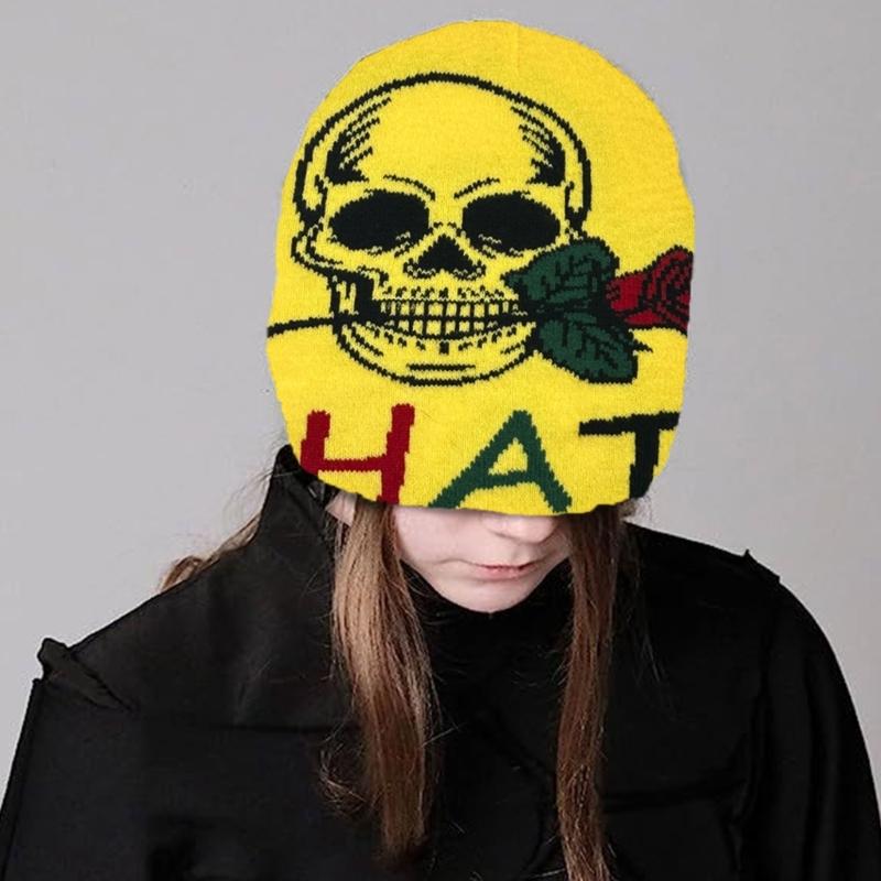 Teens Elastic Beanie Knit Skull Caps with Jacquard Skull&Rose Pattern Skiing Hat