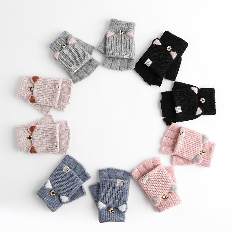 1Pair Cute Mittens Flip Half Finger Glove For Women Girls Winter Soft Warm Thick Gloves Student Cold Resistant Writing Gloves