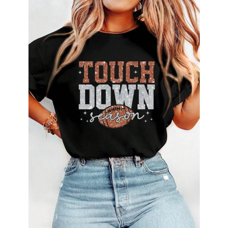 Women's Casual Round Neck Short Sleeve Olive Green Football Letter Print T-Shirt