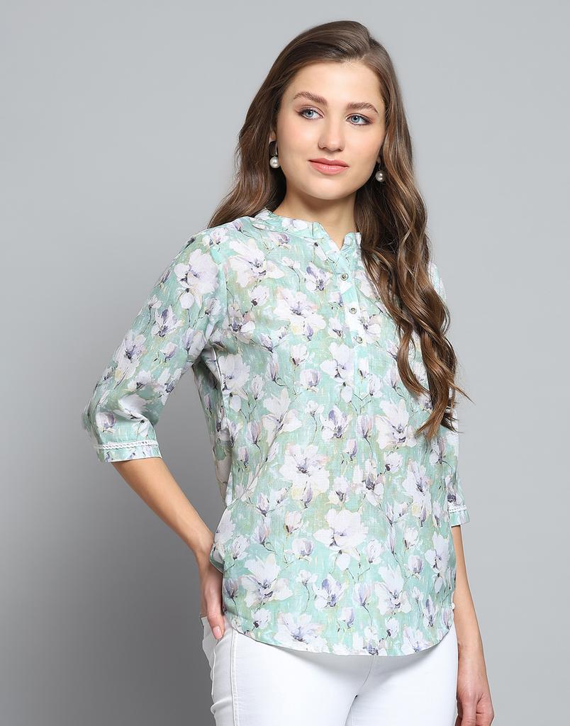 Monte Carlo Womens Printed Green Round Neck 3/4 Sleeve Top