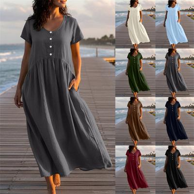 Damen U-Ausschnitt Knopfleiste Kurzarm Leinen Maxikleid Einfarbig Lässig Sommer