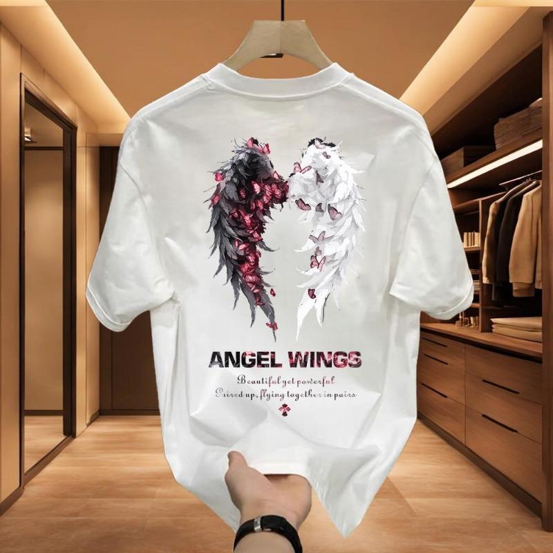 Loose Heavyweight Round Neck Short Sleeve T Shirt Angel Wings Print Unisex Casual Summer Top