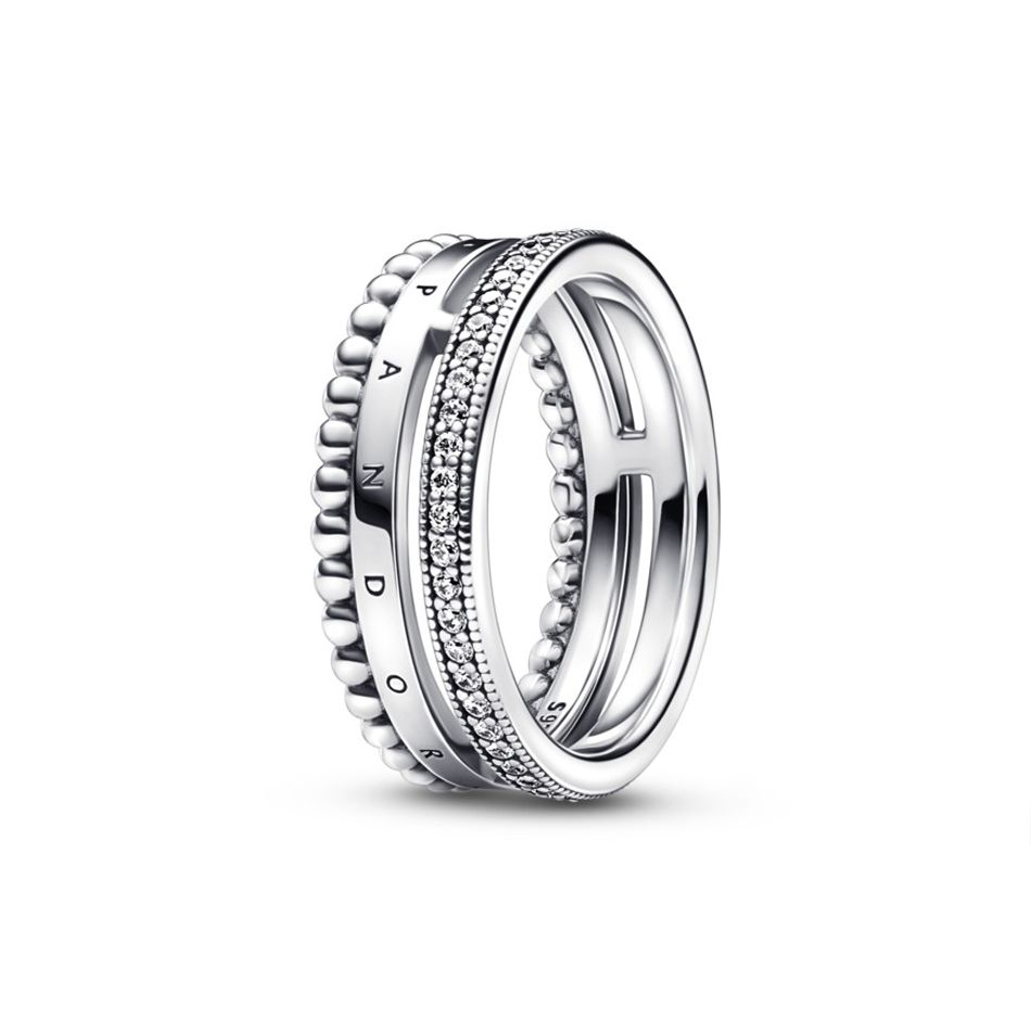 Pandora Signature Series Logo Pavé Set Three-In-One Ring Women rings Silver 192312C01 Box,52