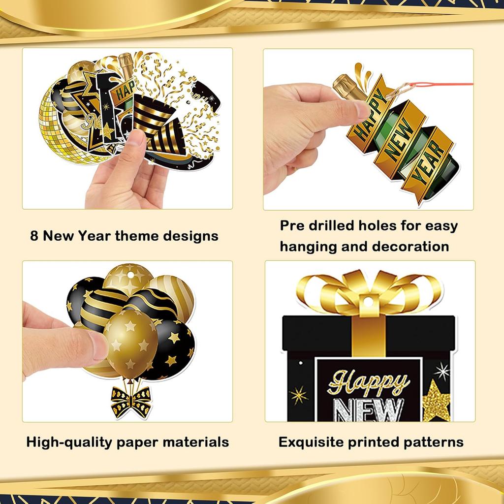 Lucleag 32Pcs Happy New Year 2026 Hanging Decorations, Black Gold Tree Ornaments New Years Hanging Ornaments for 2026 New Year Eve Party Supplies