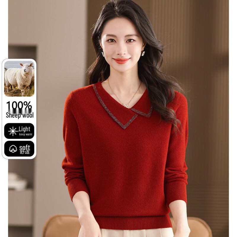 SNOWFLYING 100% Wool Embellished Turn-down Collar Knit Sweater 2XL