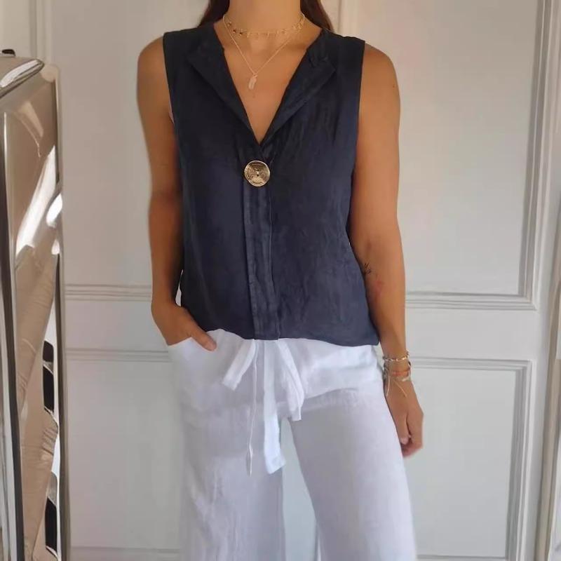 Women's Independent Station Fake Cardigan V-neck Cotton Linen Sleeveless Casual Shirt