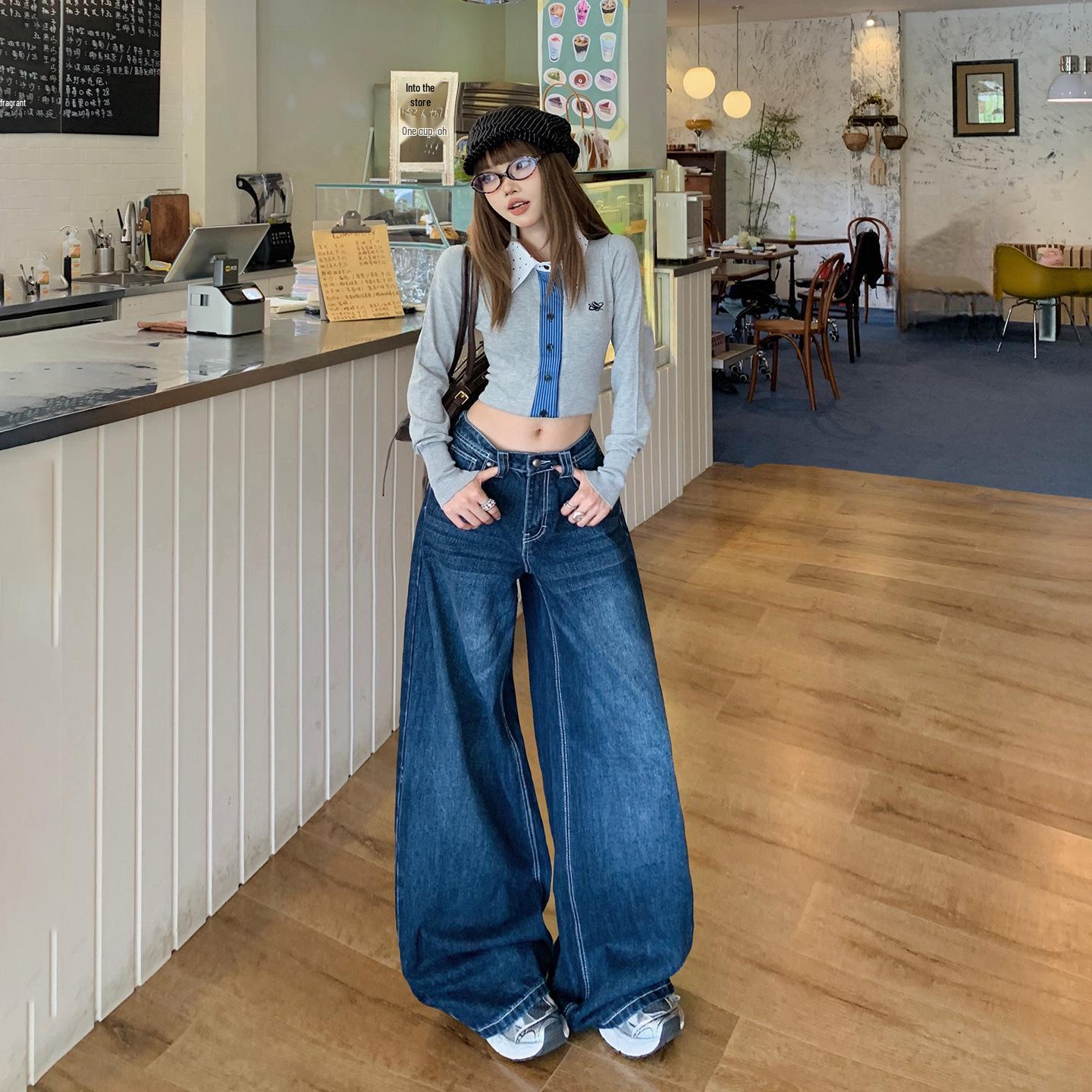 

Женские джинсы с высокой талией, ретро, с потертостями, широкие брючины - Осенне-зимние стройнящие брюки в пол Medium