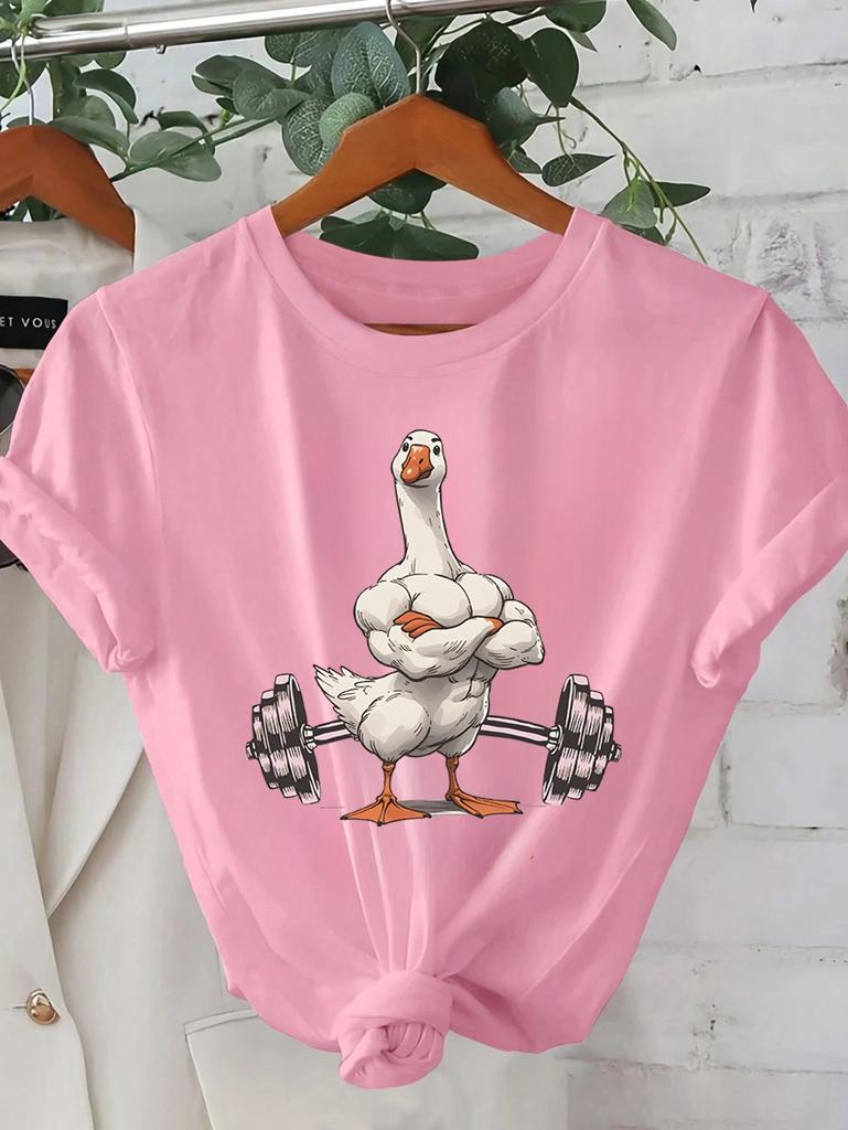 Womens Casual Graphic TShirt Funny Muscular Duck Lifting Weights Design Summer Short Sleeved Harajuku Streetwear Tops Tees