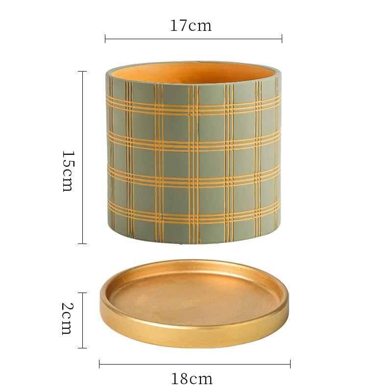 Nordic Stripe Plaid Pattern Ceramic Flower Pot Indoor Vintage Flower Plant Potted with Saucer Vase Living Room Office Flower Pot