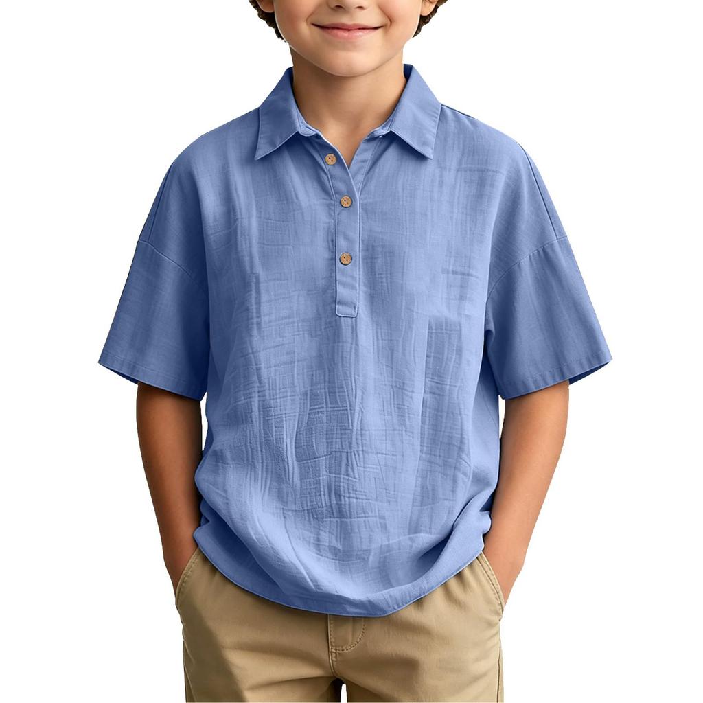 Boys Short Sleeve Shirt Cotton Linen Blend Lightweight Breathable Summer Casual Top with Button Placket and Classic Collar for Kids