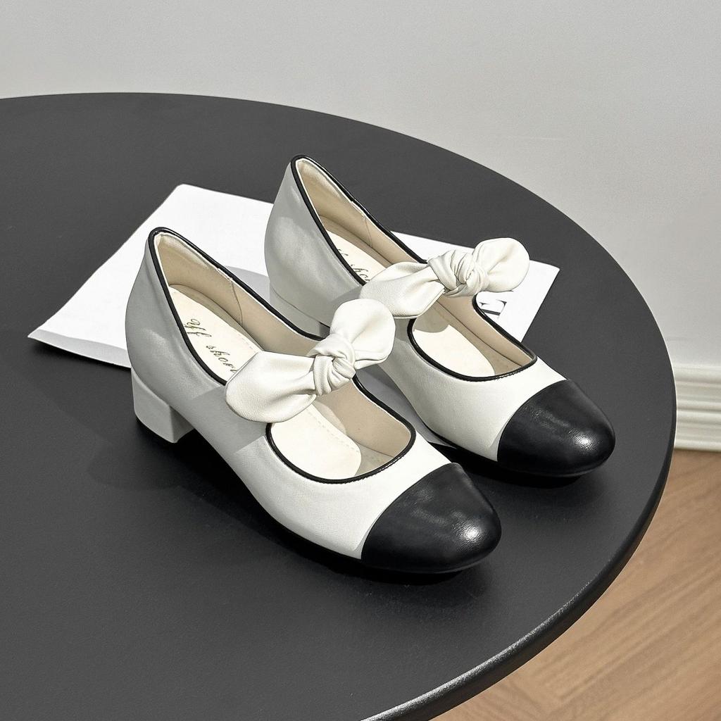 Sheepskin~ inner height increase thick heel single shoes women's height increase 7cm bow color matching round head high heel small fragrant Mary J