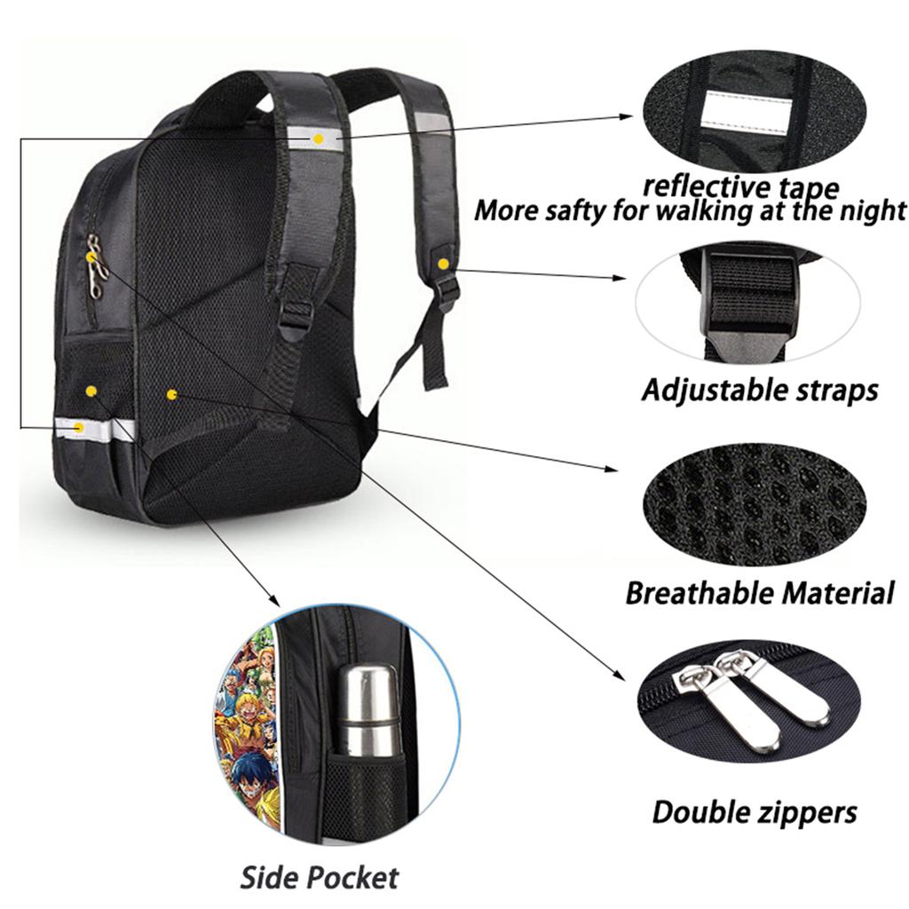 16 Inch Black Cartoon One Piece Backpack Mochila, Light Weight Unisex School Backpack Travel Daypack for Boys Girls Age 6-10