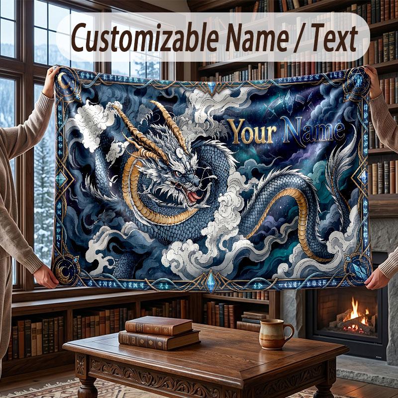 Dragon Theme Throw Blanket Custom Name Text Personalized Blanket Soft Cozy Blanket for Home Sofa Bed